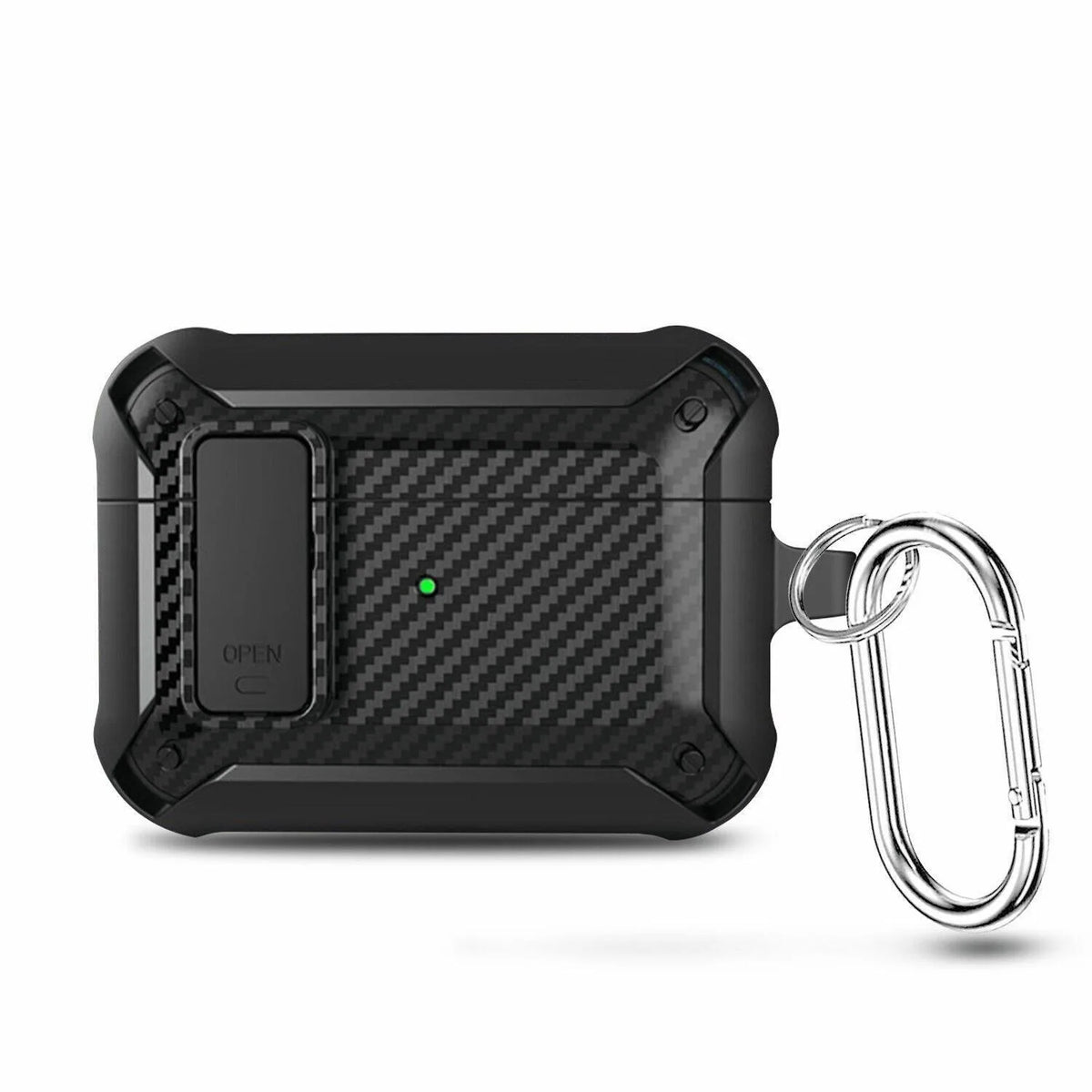 Front view of black rugged protective armor cover for AirPods Pro 2 with lanyard ring