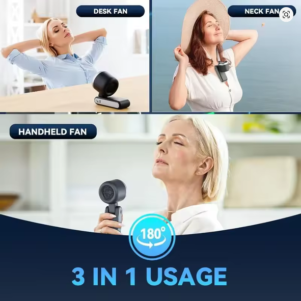 3 in 1 versatile personal fan used as a handheld fan neck fan and desk fan