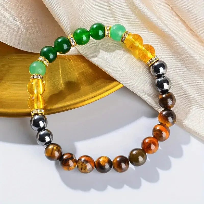 Close-up detail of 8mm natural Green Aventurine, Citrine, and Tiger Eye gemstone beads