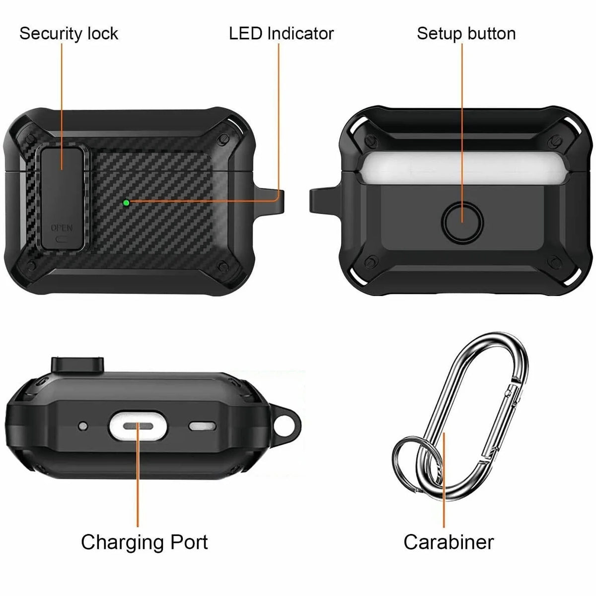 Diagram showing charging port lanyard clip security lock and reset button cutouts