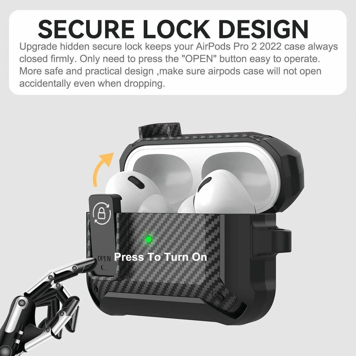 AirPods Pro 2 case featuring secure safety lock clip and metal keychain carabiner