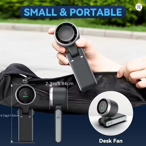 Compact lightweight mini travel neck fan fitting conveniently inside a handbag