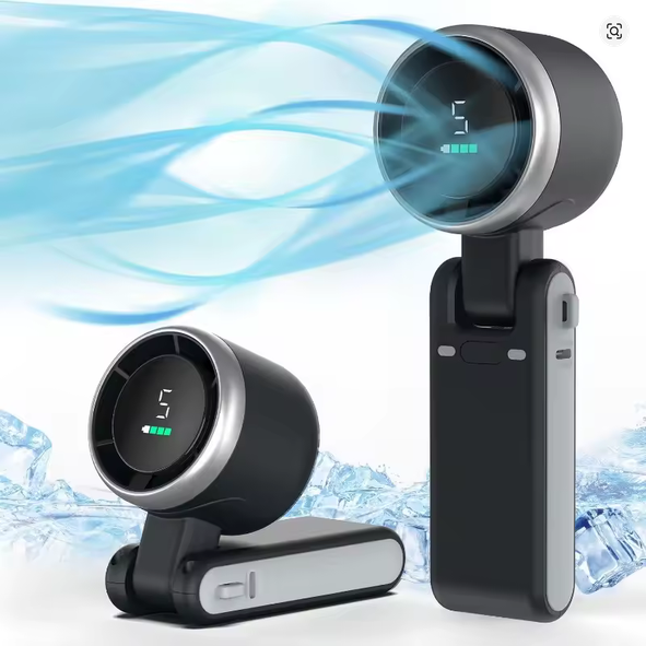Portable handheld fan with digital LED display battery screen and folding neck