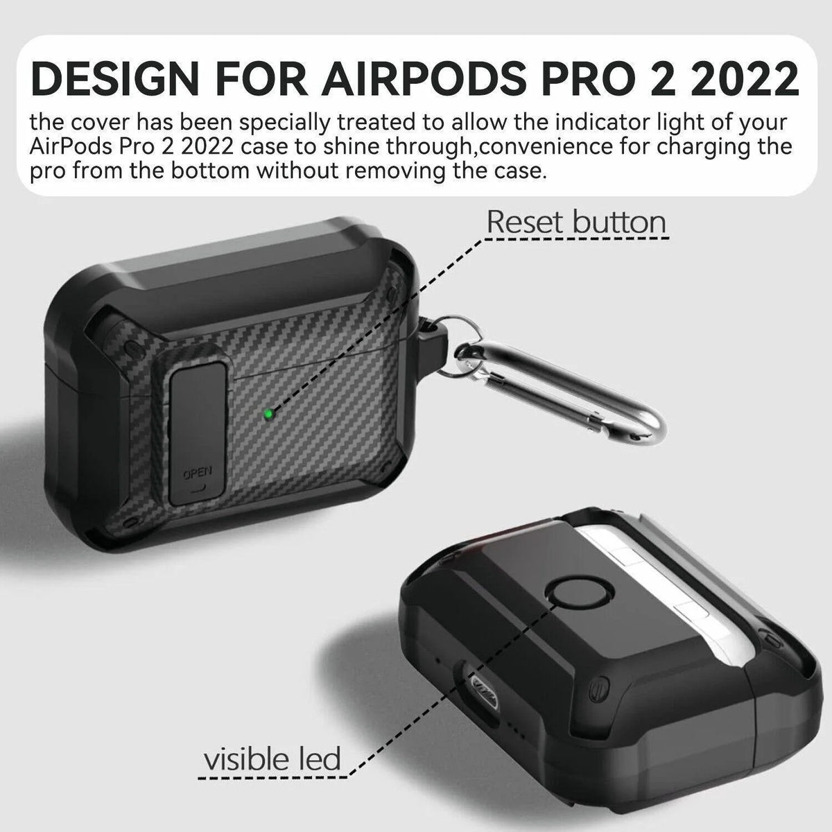 Rugged shockproof black case for AirPods Pro 2 showing reset button and visible LED indicator light cutout
