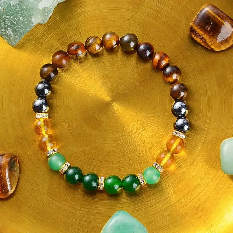 Triple Protection Wealth Bracelet featuring Green Aventurine, Citrine, and Tiger Eye beads