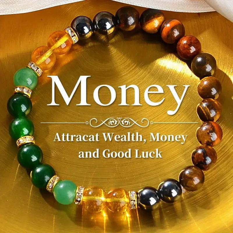 Infographic highlighting wealth attraction and protection benefits of healing crystals